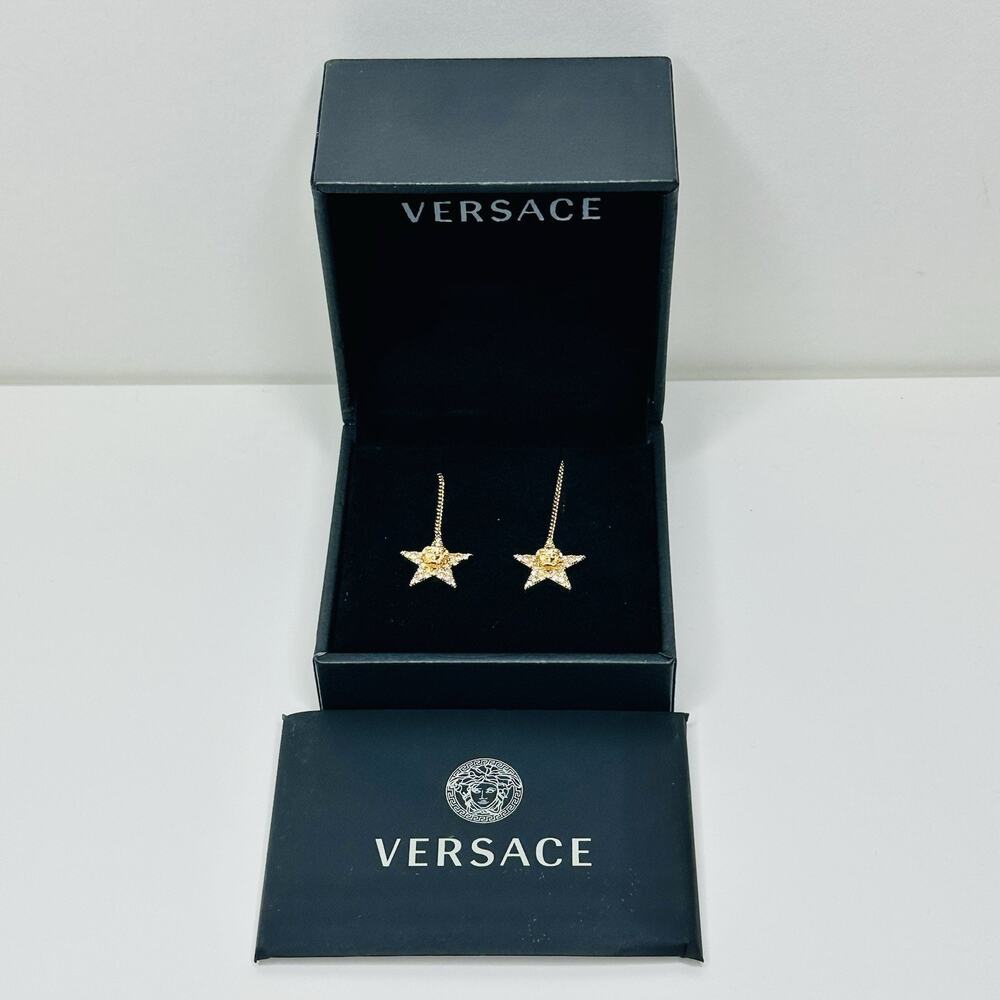 NIB Versace Medusa Crystal Star Gold Tone Charm Dangle Earrings $595 - Picture 4 of 8